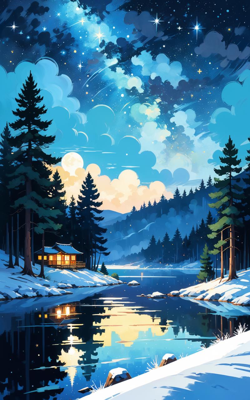 07260-812807460-flat stylized pine trees, winter landscape with starry night sky and lake, painterly, acrylic painting, trending on pixiv fanbox.png